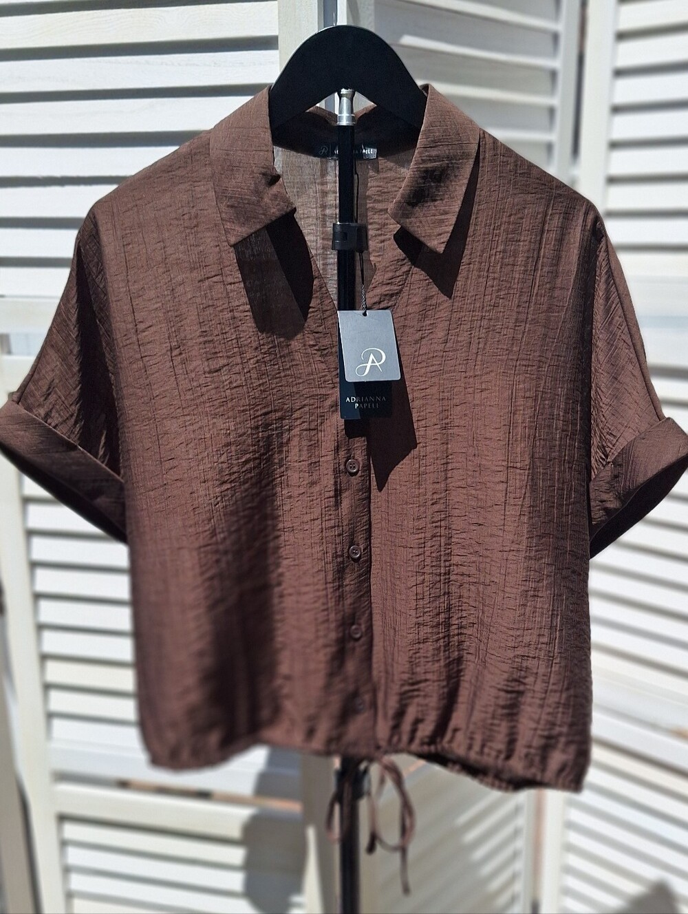 Adrianna Papell Brown Short-Sleeve Button Crop Shirt